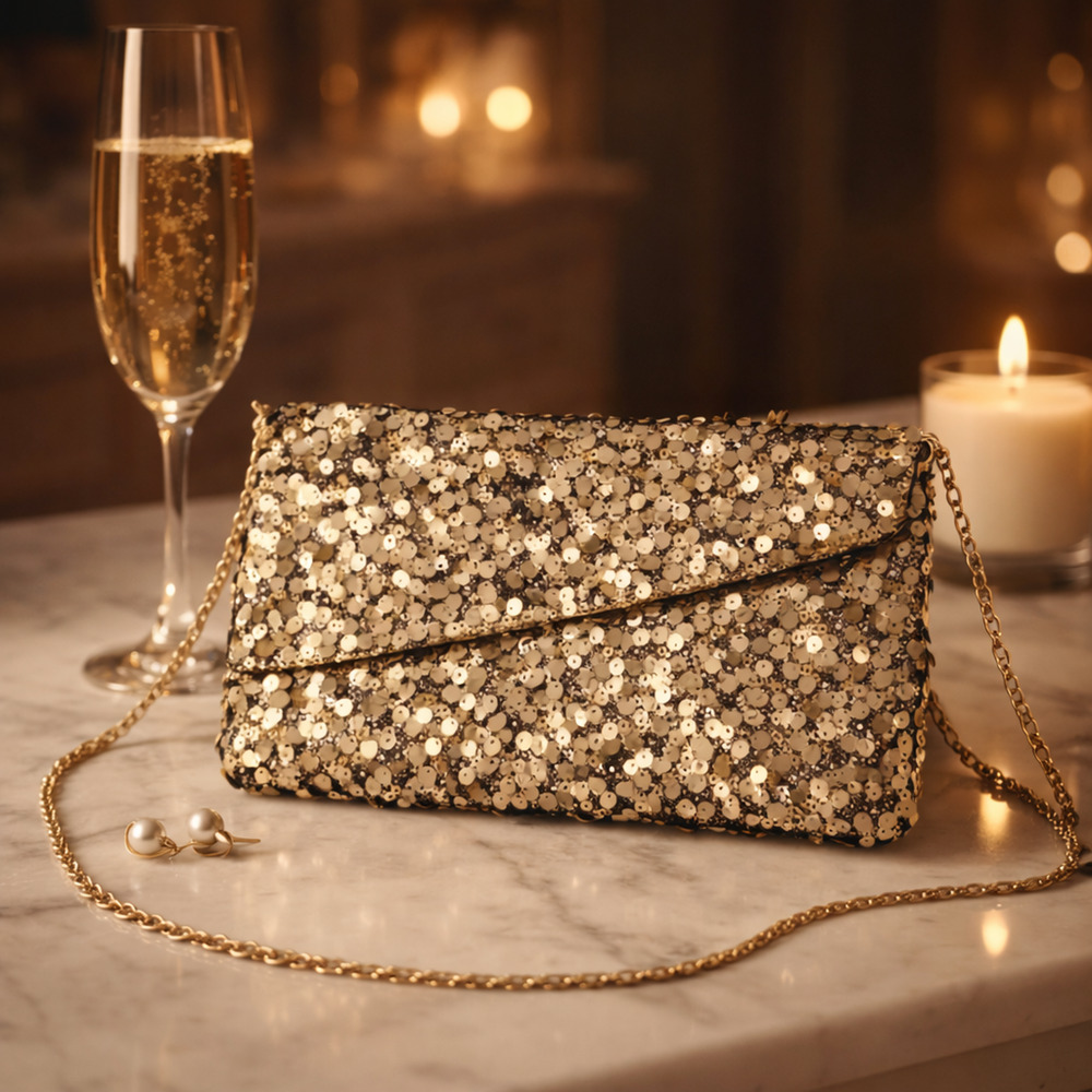 Sparkly Gold & Black Sequin Mini Bag – Y2K Party Glam – Crossbody Clutch